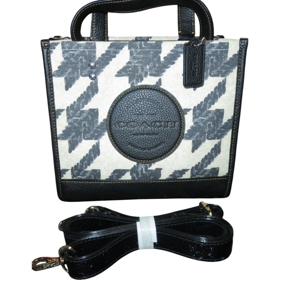 Coach 2023 Dempsey Tote 22 Houndstooth Print Canvas and refined pebble leather